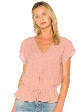 Rails Bretton Short-Sleeve Button Front Peplum Blouse in Rosewood Mini Hearts S